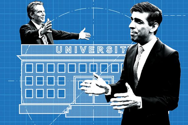 Montage showing Blair behind a university, Sunak in front of it Montage showing Blair behind a university, Sunak in front of it