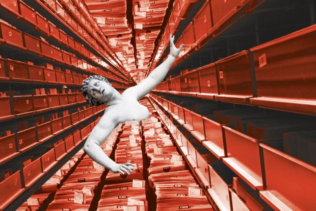 A statue surrounded by files