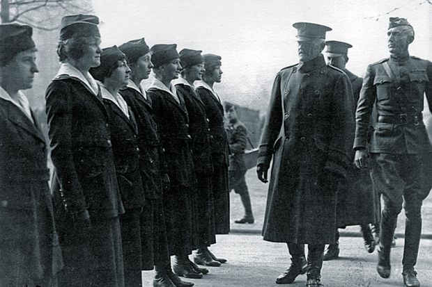 General John Pershing inspects female telephone operators serving in Europe General John Pershing inspects female telephone operators serving in Europe