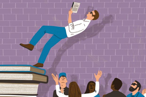 Illustration of man reading book falling on to group of people. Trust