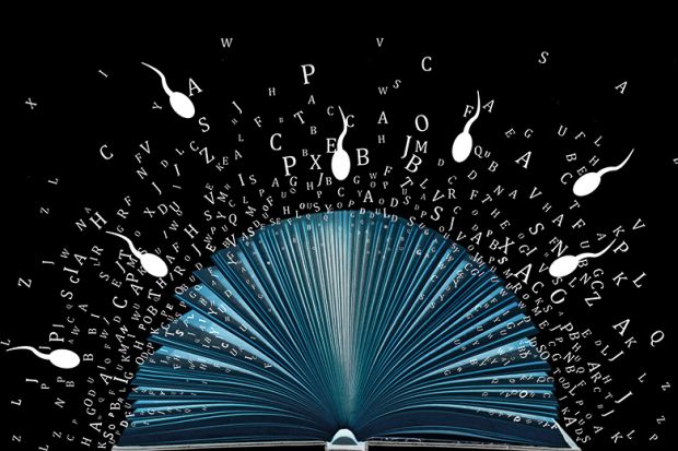 Image of open book with letters flying out and cartoon sperm flying in