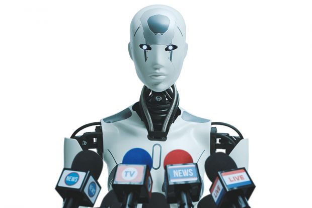 Image of a robot speaking into press microphones