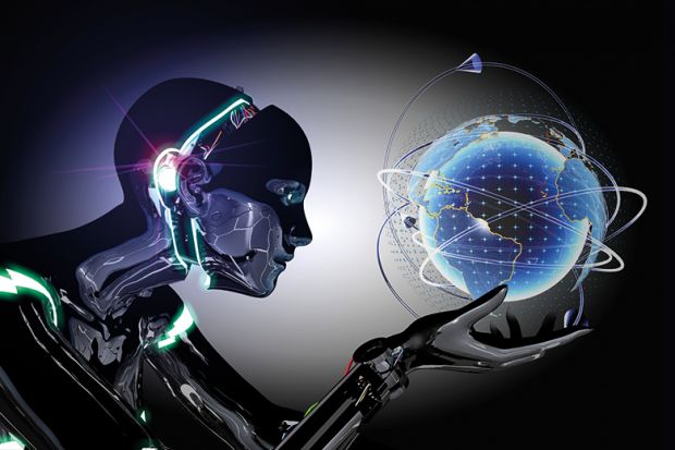 Futuristic robot searching location on the globe. Futuristic robot searching location on the globe.