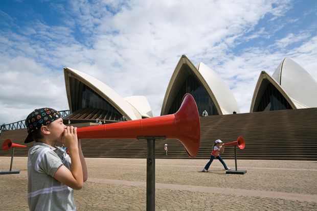Kids shout through megaphones at the Opera House during the Sydney Festival. Australia Kids shout through megaphones at the Opera House during the Sydney Festival. Australia