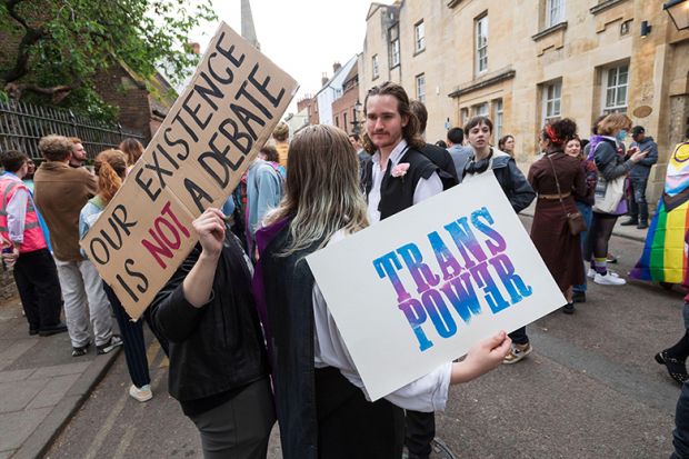 A group of pro-trans rights advocates are peacefully protesting outside the Oxford Union in objection to the invitation of former University of Sussex professor Kathleen Stock as a speaker.