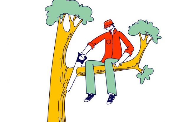 Illustration: a man cuts off the tree branch he is sitting on A man cuts off the tree branch he is sitting on, illustrating unintended consequences