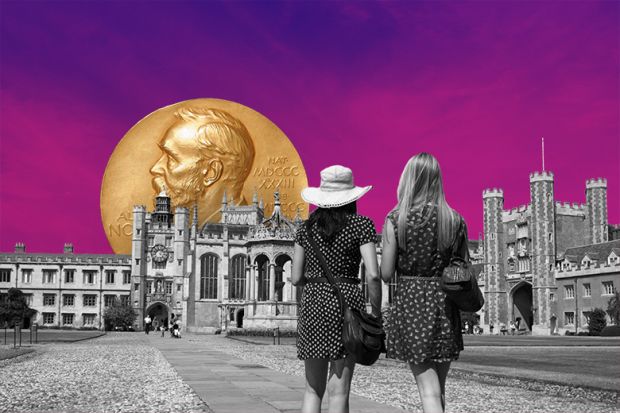 Two women in Trinity College front court, Cambridge, UK. With a Nobel prize medal in the background Two women in Trinity College front court, Cambridge, UK. With a Nobel prize medal in the background