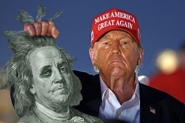 Donald Trump grabbing Benjamin Franklin by the hair, to illustrate Trump's attacks on world-renowned science agencies and their funding.