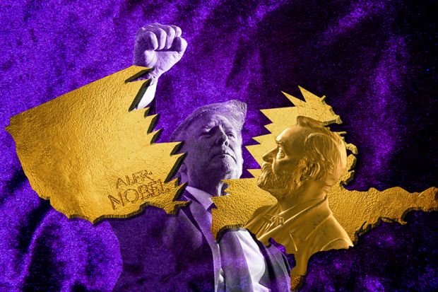 Nobel prize medal in the shape of a map of the US being smashed by Donald Trump. To illustrate fears that Trump’s assault on the US’ world-leading research ecosystem could choke off the flow of future prizes.