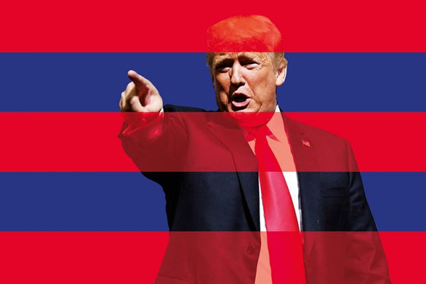 Donald Trump pointing from behind red stripes suggesting a barrier. To illustrate how a visa cull by Trump could imperil US universities' global pre-eminence. Donald Trump pointing from behind red stripes suggesting a barrier. To illustrate how a visa cull by Trump could imperil US universities' global pre-eminence.