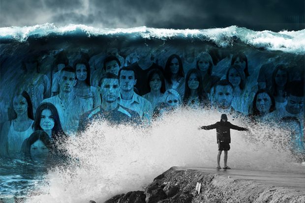 Montage of crowd of students on giant wave about to crash upon person on rocks. To illustrate how university support staff and academics are overwhelmed by a “tsunami” of mental health problems among students. Montage of crowd of students on giant wave about to crash upon person on rocks. To illustrate how university support staff and academics are overwhelmed by a “tsunami” of mental health problems among students.