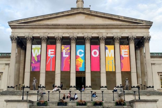 A "welcome" sign on UCL's main building