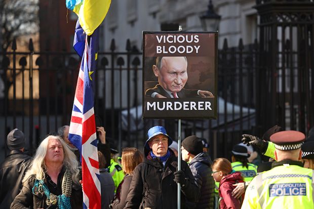 Demonstrators attend a rally in support of Ukraine opposite Downing Street on 2 March 2025 in London, England. To illustrate number of Russians coming to the UK for study has ‘collapsed’ during war in Ukraine, with Russians feeling they are not welcome