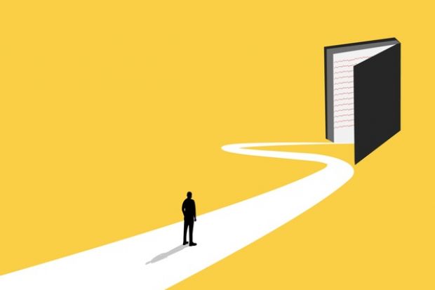 A businessman takes a winding path towards an open book, symbolising university recruitment