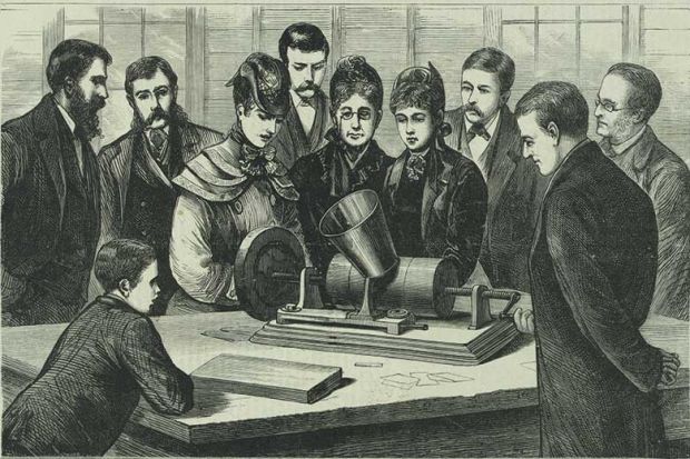 Victorians listening to gramophone talking book