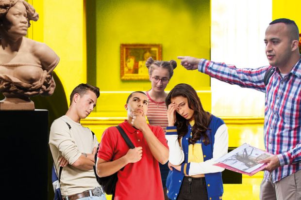 Montage of a guide and students in a museum to illustrate the Curricula should not be decolonised based on a partial grasp of history