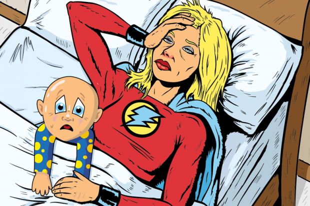 Illustration of woman in bed wearing superhero outfit with a baby looking stressed Illustration of woman in bed wearing superhero outfit with a baby looking stressed