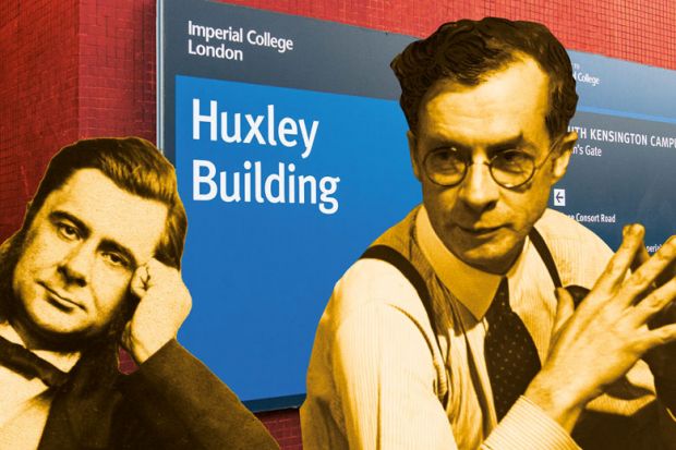 Montage of Imperial college London sign behind with Professor Julian Huxley and Thomas Henry Huxley in front Imperial collage behind with two men looking fed up infront to illustrate Exposing those who missed today’s moral grade is no longer of interest to me