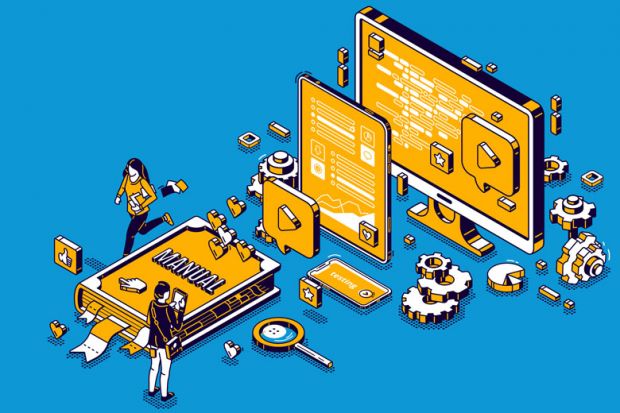Illustration of nuts, bolts manual book, various objects and computer screen