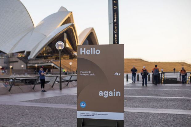 A sign welcomes people back outside the Sydney Opera House in Sydney, Australia A sign welcomes people back outside the Sydney Opera House in Sydney, Australia to illustrate ‘Give people time’ to readjust from pandemic, says Jackson