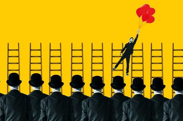 Concept of a businessman flying away from crowd with balloons Concept of a businessman flying away from crowd with balloons