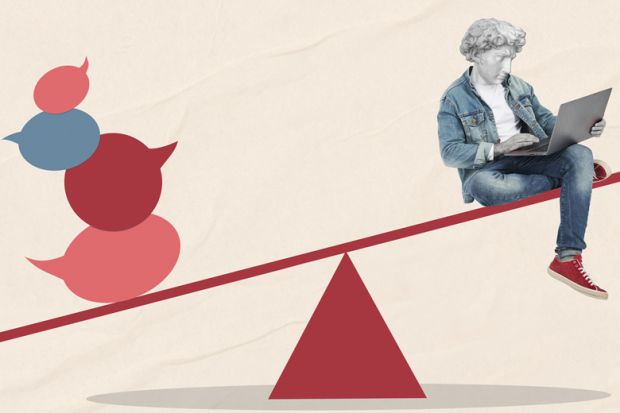 Concept image speach bubbles and person on laptop with a statue head on each end of a seesaw to illustrate The OfS’ guidance on free speech goes too far