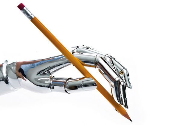 Robot's hand holding a pencil. Robot's hand holding a pencil to illustrateIf machines do the writing, students won’t do the thinking