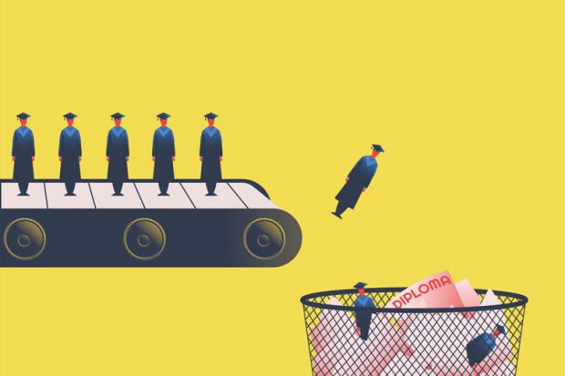 Concept of a conveyor with graduates falling into waste paper basket to illustrate Traditional degree classifications are no longer fit for purpose