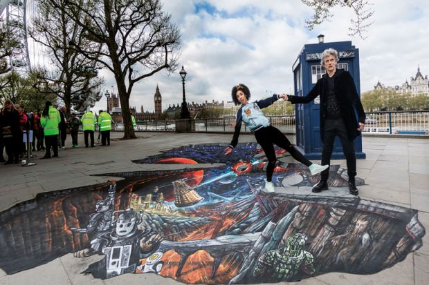 Peter Capaldi, (The Doctor) and Pearl Mackie (Bill) pose in front of the TARDIS Peter Capaldi, (The Doctor) and Pearl Mackie (Bill) pose in front of the TARDIS to illustrate My favourite fictional academic