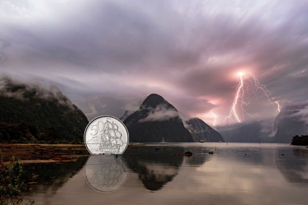 Montage of Milford Sound, New Zealand with a coin with a ship illustration in the water Montage of a Milford Sound, New Zealand with a coin with a ship illustration in the water to illustrate Are better days ahead for New Zealand’s universities?
