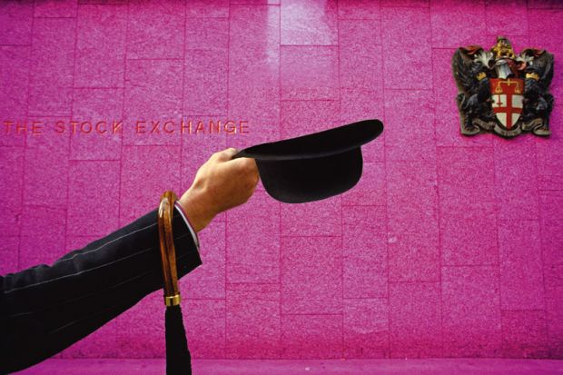 A businessman in three-piece suit holds an English bowler hat, and umbrella in front of the London Stock Exchange. To illustrate that business and management studies should be better funded