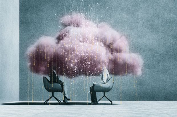 Two people sitting with pink cloud of data as a metaphor for Artificial intelligence will soon be able to research and write essays as well as humans can