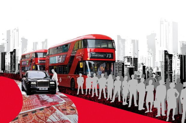 Montage people queuing for the bus with one person getting into a car to illustrate Can collective pay bargaining survive in the UK?