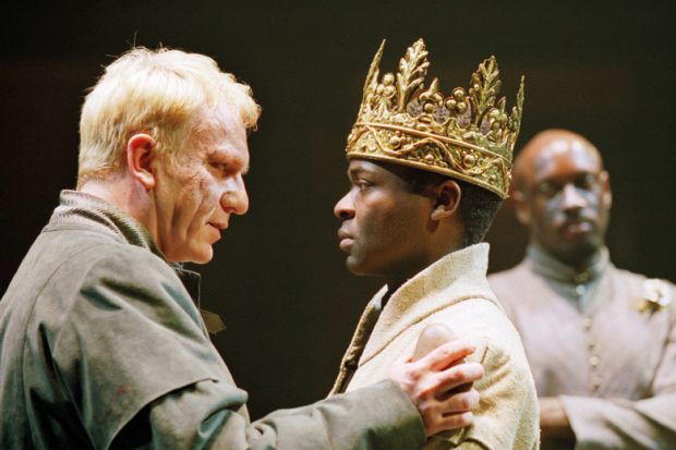 David Oyelowo (King Henry VI), Geff Francis (Earl of Warwick) in HENRY VI part iii by Shakespeare at the Swan Theatre to illustrate Ethnic minority leaders upholding white supremacy, says professor