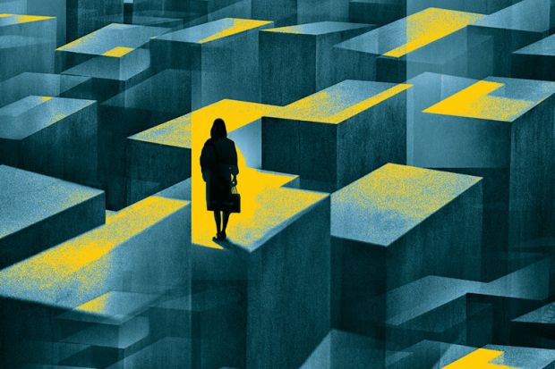 concept image of a woman standing in a maze of large confusing blocks. concept image of a woman standing in a maze of large confusing blocks.