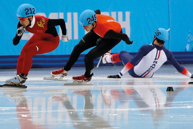 France's Sebastien Lepape falls as he competes in the Men's Short Track  to illustrate France‘s ‘unequal’ research system faces fresh scrutiny
