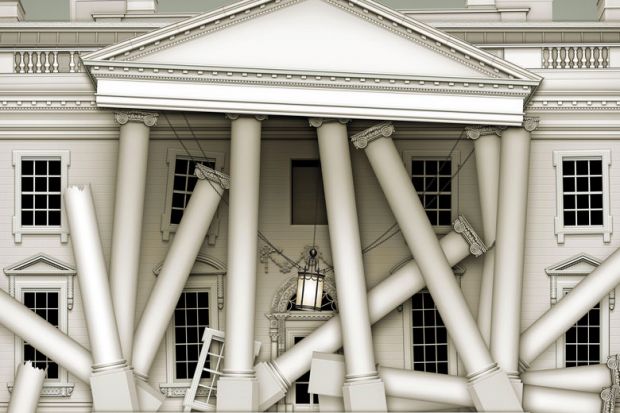 Concept of a building with columns, windows, and the basic structure falling down to illustrate Why UK universities are really going broke