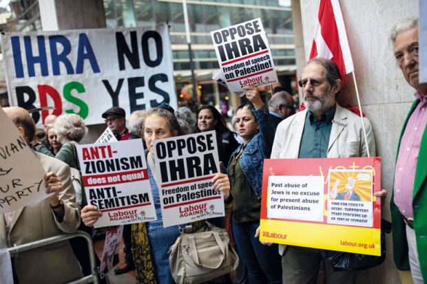 Protestors outside a meeting to decide on the party's new antisemitism definition to illustrate HRA antisemitism definition ‘undermining academic freedom’