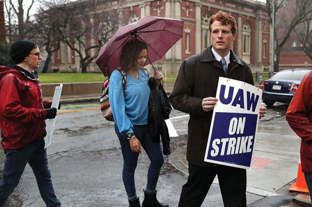 U.S. Representative Joe Kennedy lll walks the picket line with Harvard University graduate students U.S. Representative Joe Kennedy lll walks the picket line with Harvard University graduate students to illustrate US colleges hit by wave of student labour unionization