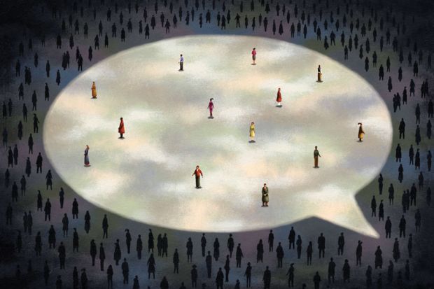 large spotlight in the shape of a speech bubble to symbolise the feedback/messages that are not anonymous. Only a few people are standing under this spotlight with the majority remaining as a metaphor that many people now message anonymously