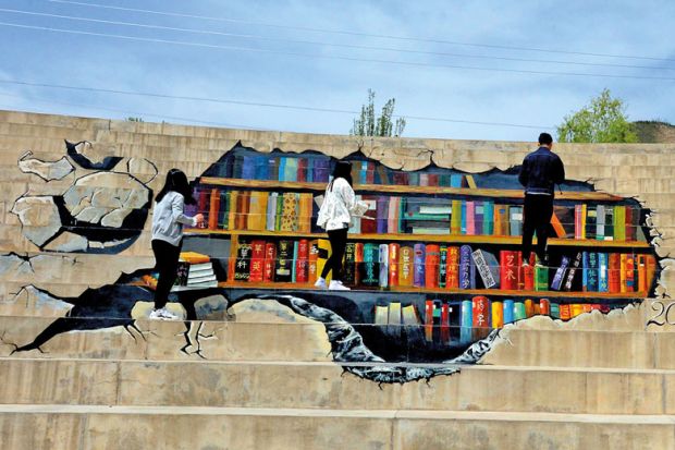 Students who learn fine arts paint a 'library' with 3D design on stairways at Lanzhou University Students who learn fine arts paint a 'library' with 3D design on stairways at Lanzhou University to illustrate China looks to universities to lead development of its mid-west