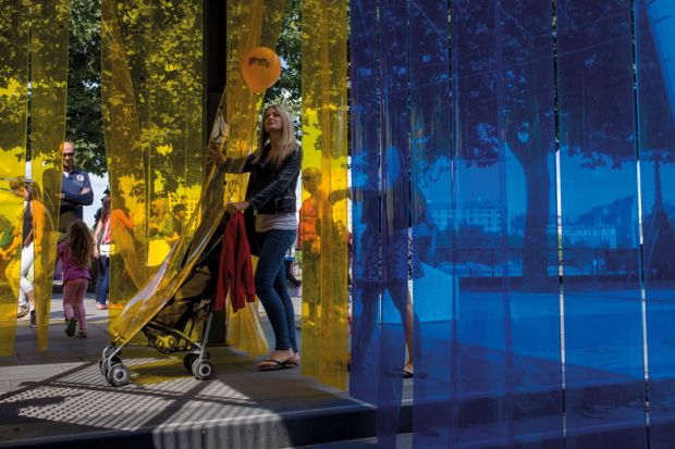 An artwork consisting of strips of synthetic, industrial curtain called Arcadia on London's Southbank to illustrate Ex-OfS head: ‘more transparency needed’ on research-teaching link