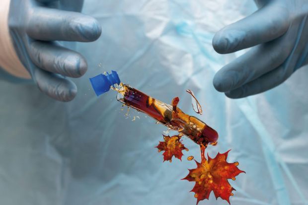 Montage of the doctor dropped the damaged blood test tube with Canada shape leaf falling out of it Montage of the doctor dropped the damaged blood test tube with Canada shape leaf falling out of it to illustrate Is Justin Trudeau failing Canadian science?