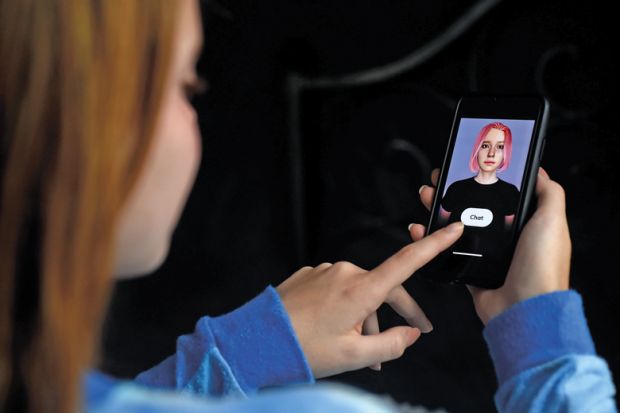 A virtual friend is seen on the screen of an iPhone to illustrate AI chatbot can conduct research interviews on unprecedented scale