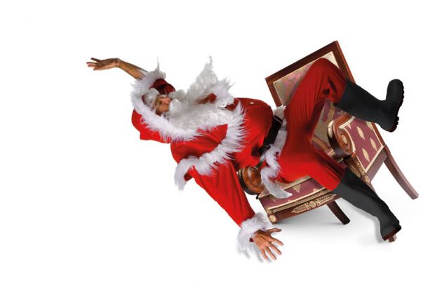 Montage of Father Christmas falling over while sitting on a chair with only three legs to illustrate So you want a chair for Christmas. Are you sure?