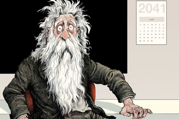 Illustration of Professor Van Winkle wakes up with 2041 calendar on the wall as described in the story.