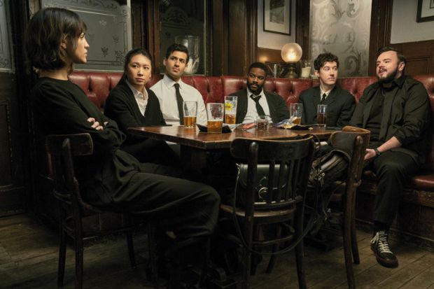 3 Body Problem, from left: Eiza Gonzalez, Jess Hong, Saamer Usmani, Jovan Adepo, Alex Sharp, John Bradley, (Season 1, ep. 101, aired March 21, 2024) as described in the article
