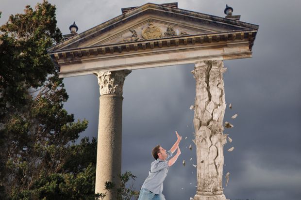 Column collapses man with hands outreached column collapses man with hands outreached to illustrate Getting rid of the REF would jeopardise the UK’s dual research funding