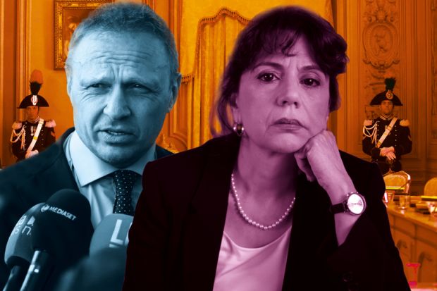 Montage of Donatella Di Cesare and Francesco Lollobrigida in front of the hearing room at the Constitutional Court in Rome Montage of Donatella Di Cesare and Francesco Lollobrigida in front of the hearing room at the Constitutional Court in Rome