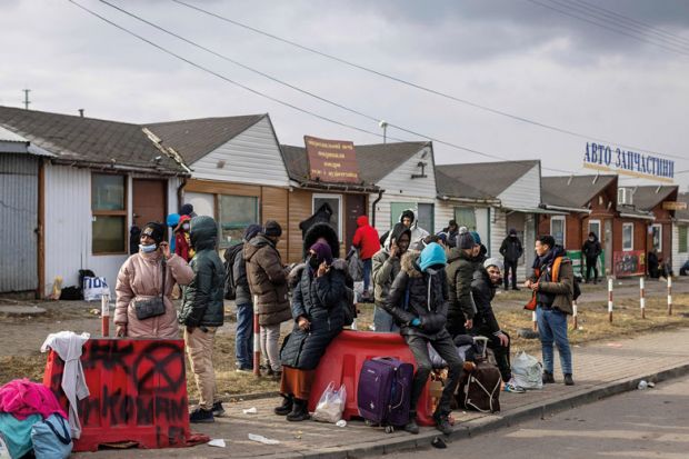 Refugees mostly students of Ukrainian universities are seen at the Medyka pedestrian border crossing Refugees mostly students of Ukrainian universities are seen at the Medyka pedestrian border crossing to illustrate Overseas students still in Ukrainian limbo after two years of war